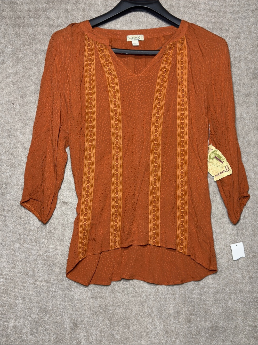 One World Peasant Blouse Medium Crochet Lace Panel Light Orange Boho Cottage NWT